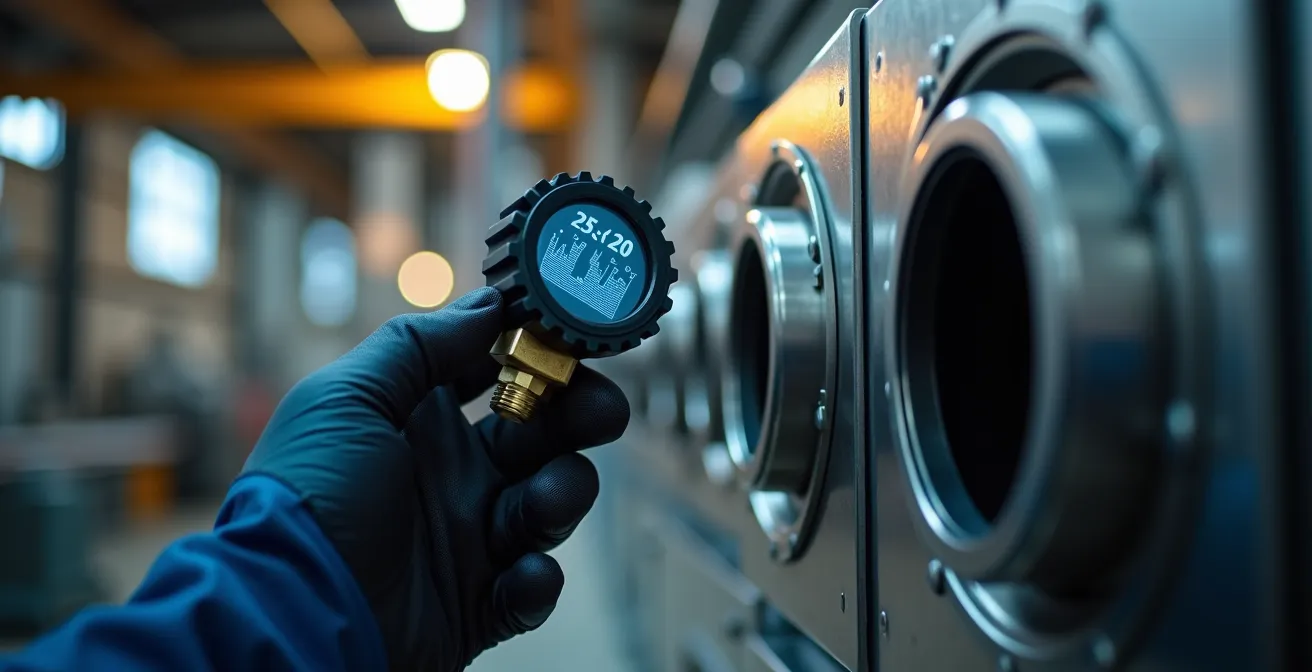 Main d'ingénieur tenant un manomètre digital près d'un point de mesure sur conduit métallique