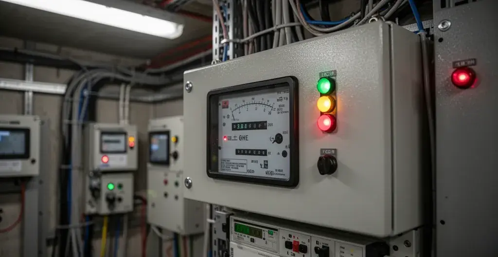 Compteur électrique industriel haute tension avec voyants dans local technique