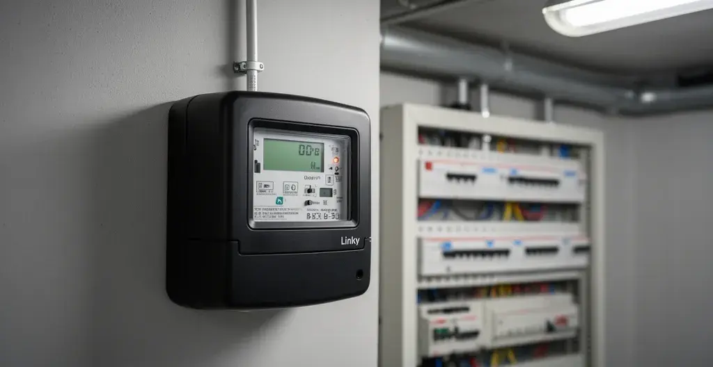 Compteur électrique Linky professionnel dans local technique d'entreprise