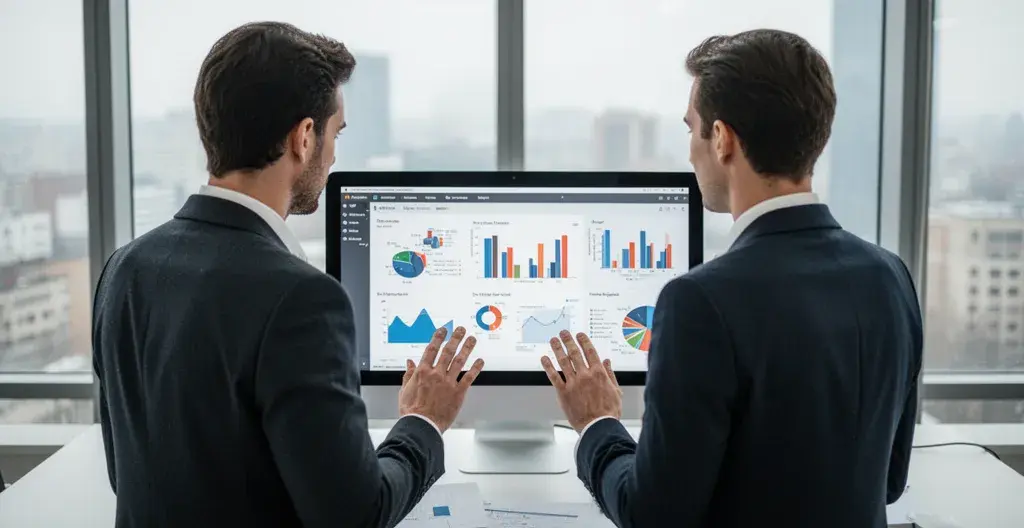 Deux professionnels analysant des données de consommation électrique sur écran