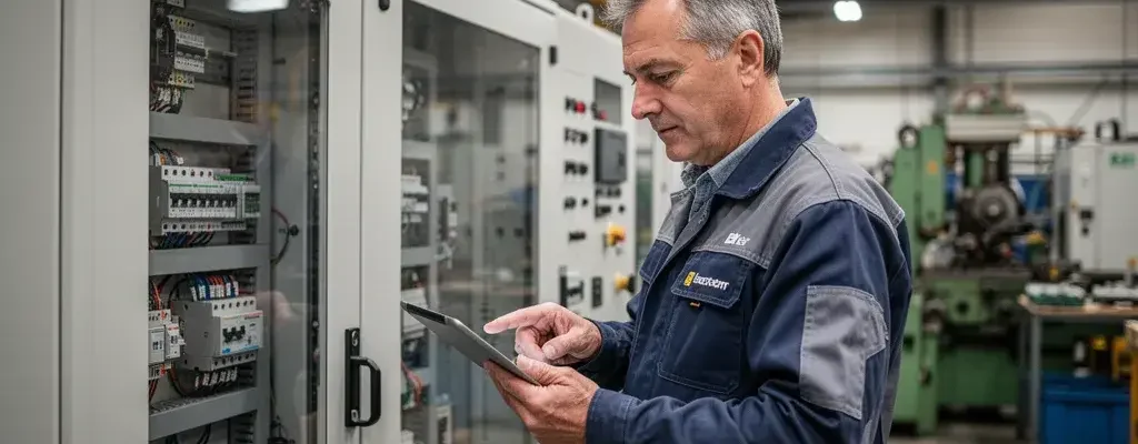 Technicien consultant tablette devant armoire électrique industrielle