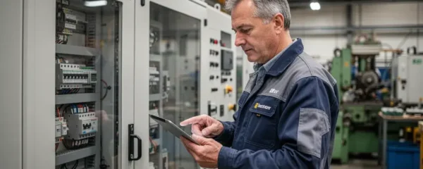 Technicien consultant tablette devant armoire électrique industrielle