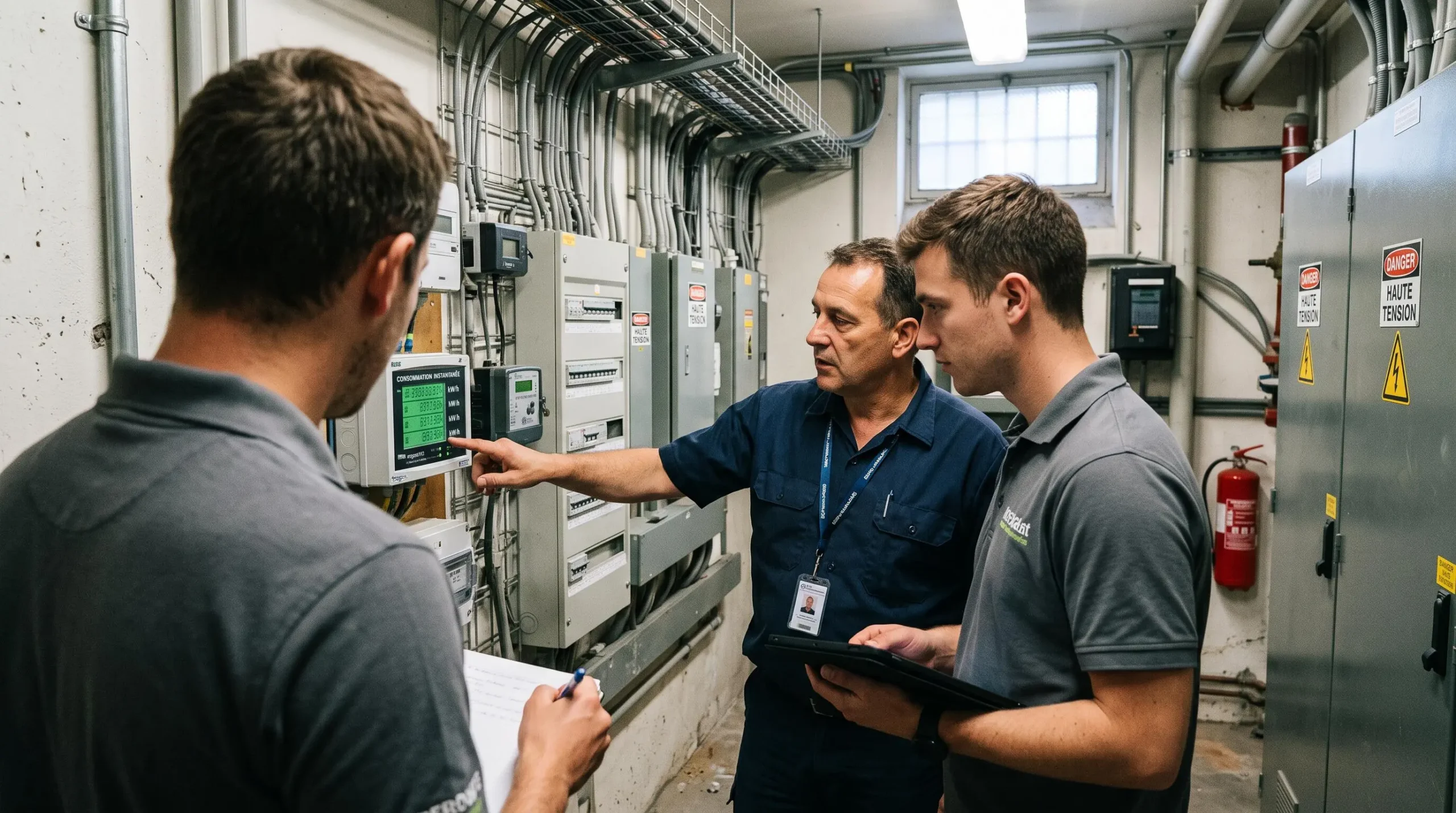 Courtier en énergie accompagnant un responsable technique lors d'une vérification de conformité des installations de comptage et monitoring énergétique