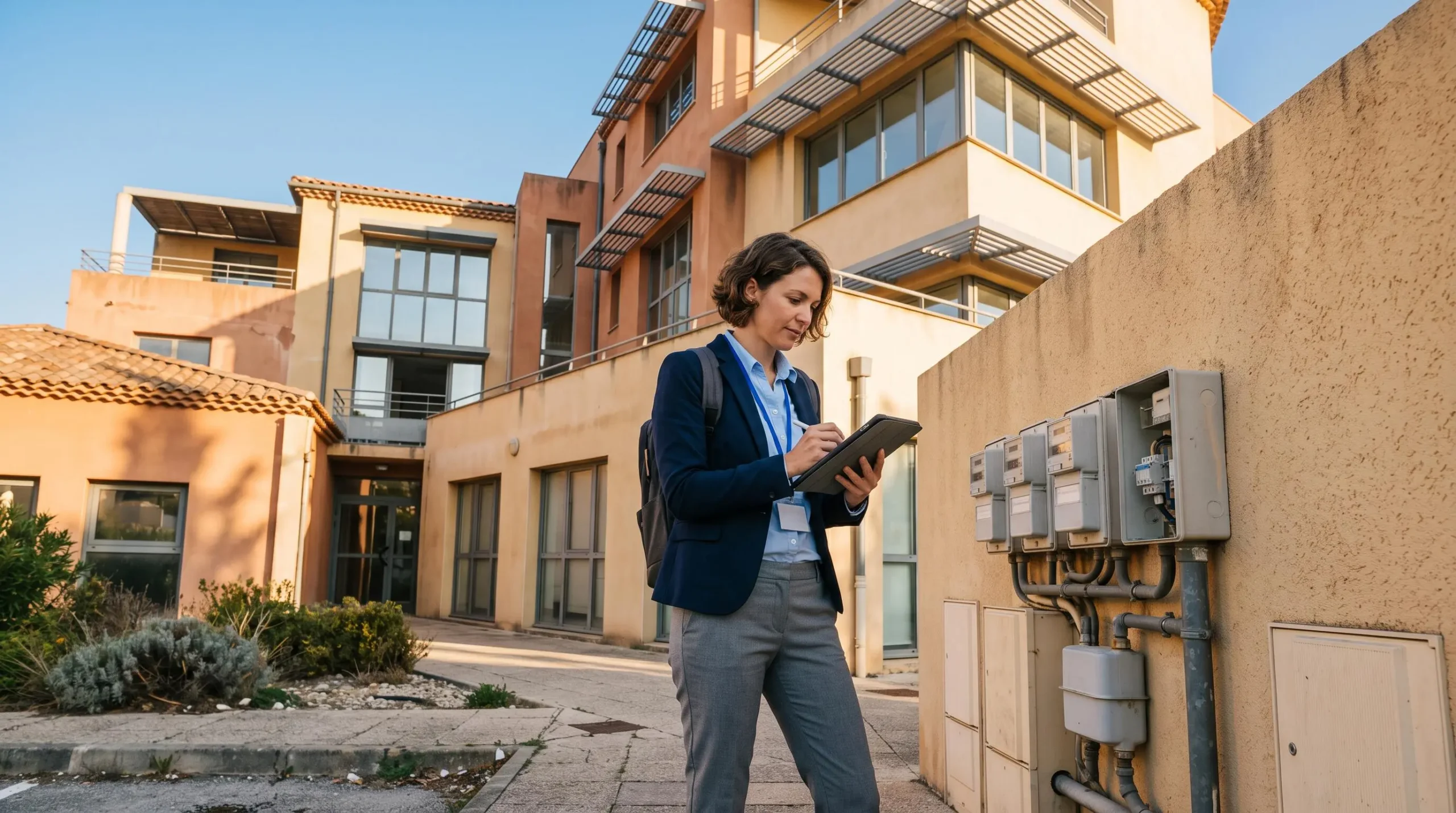 Courtier en énergie effectuant une visite d'évaluation sur site commercial à Montpellier, inspectant les installations de comptage