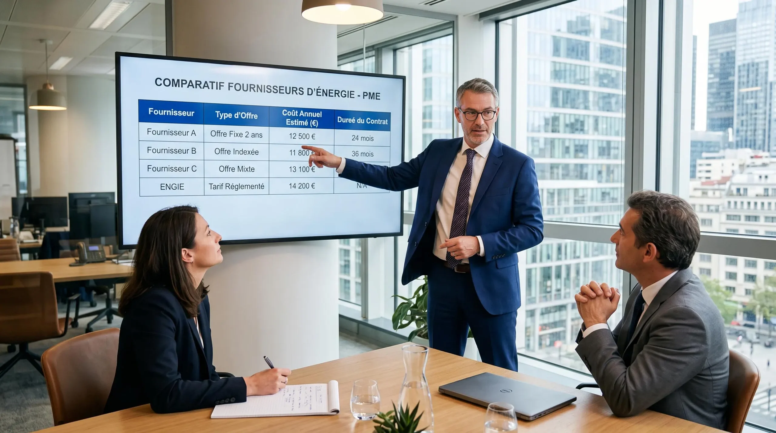 Courtier en énergie présentant un tableau comparatif de fournisseurs à des décideurs d'entreprise lors d'une réunion de conseil